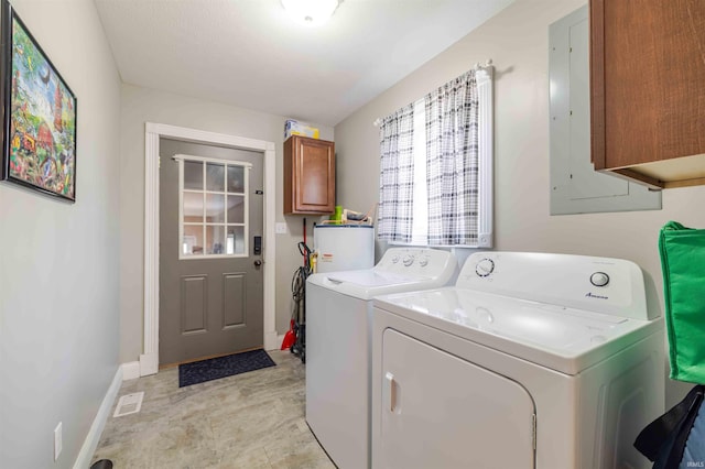 laundry room featuring baseboards, cabinet space, washing machine and clothes dryer, and water heater