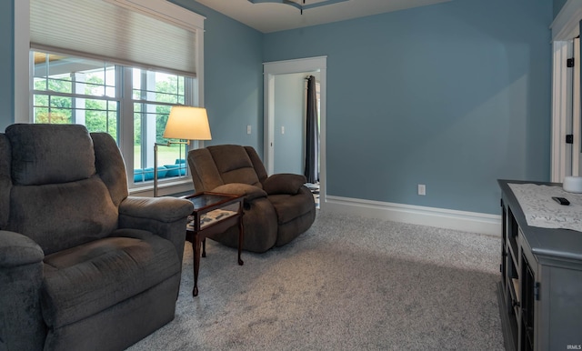 living area with carpet flooring and baseboards