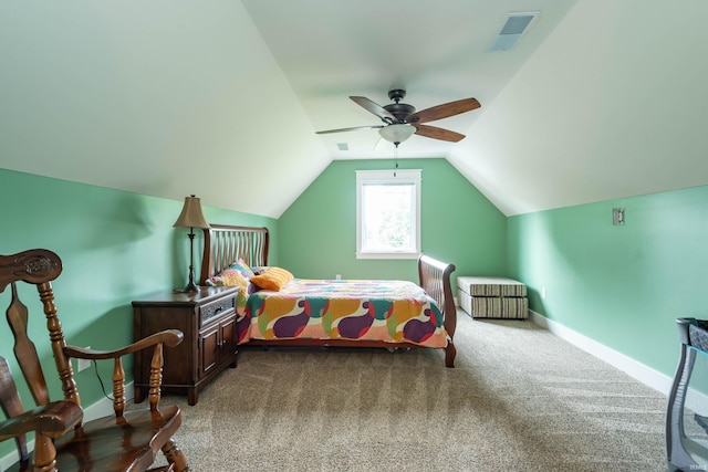 bedroom featuring baseboards, visible vents, ceiling fan, vaulted ceiling, and carpet flooring