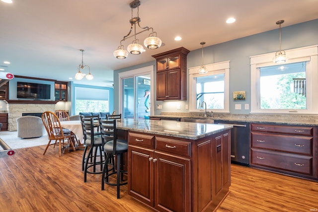 kitchen featuring a fireplace, stainless steel dishwasher, glass insert cabinets, a kitchen island, and wood finished floors