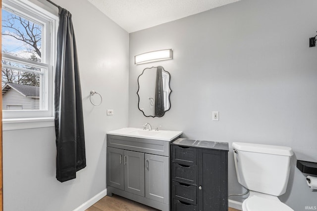 half bathroom featuring baseboards, toilet, wood finished floors, a textured ceiling, and vanity