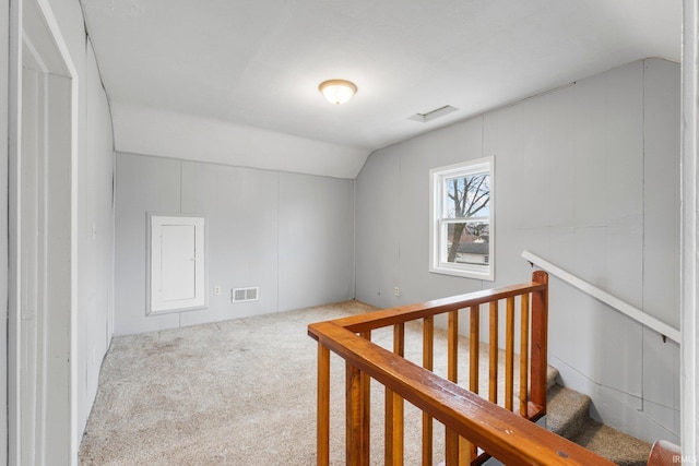 additional living space featuring lofted ceiling, visible vents, and carpet flooring