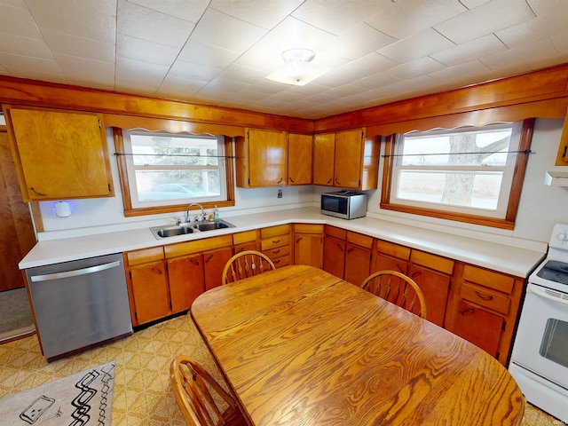 kitchen with light countertops, appliances with stainless steel finishes, a sink, and a wealth of natural light