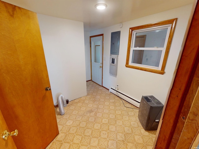 corridor with light floors, a baseboard radiator, and electric panel