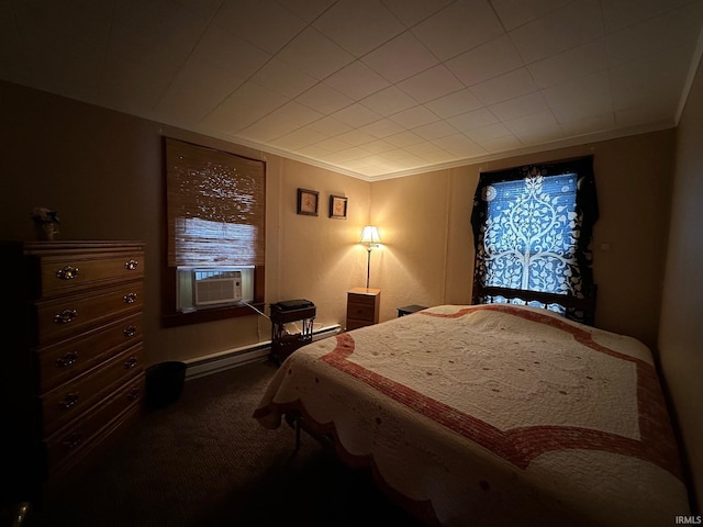 bedroom with cooling unit, carpet flooring, crown molding, and baseboard heating