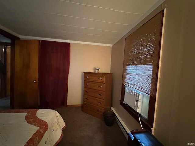 bedroom featuring carpet, cooling unit, and baseboard heating