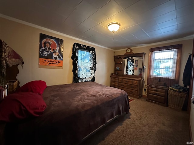 bedroom featuring carpet flooring and crown molding