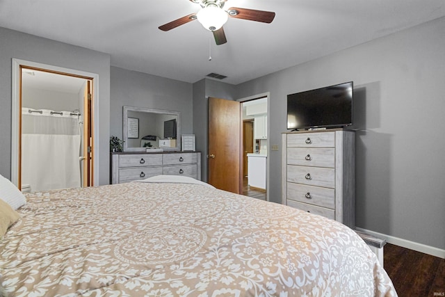 bedroom with baseboards, visible vents, ceiling fan, and dark wood-style flooring