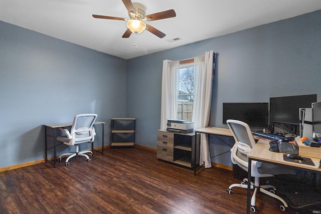 office area with baseboards, visible vents, ceiling fan, and wood finished floors