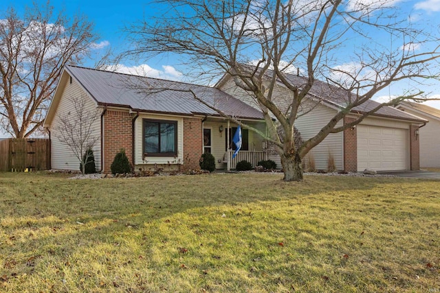 ranch-style house with a porch, an attached garage, brick siding, fence, and a front yard