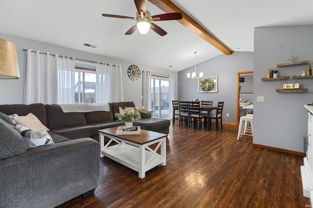 living area featuring vaulted ceiling with beams, ceiling fan with notable chandelier, wood finished floors, visible vents, and baseboards