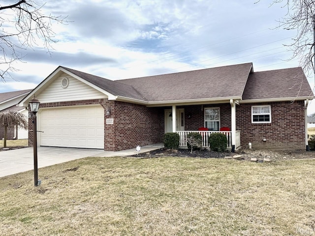 ranch-style house with a porch, brick siding, driveway, and an attached garage