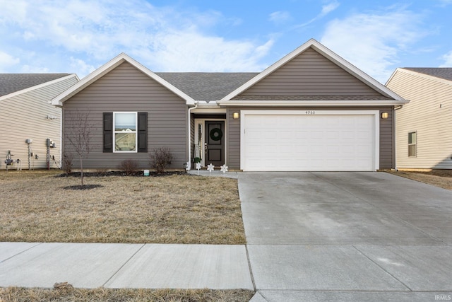 single story home with a garage, concrete driveway, roof with shingles, and a front yard