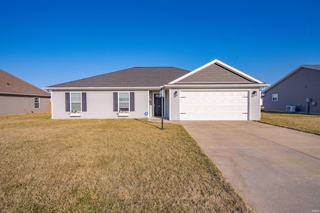 ranch-style house featuring a garage, central air condition unit, a front lawn, and concrete driveway