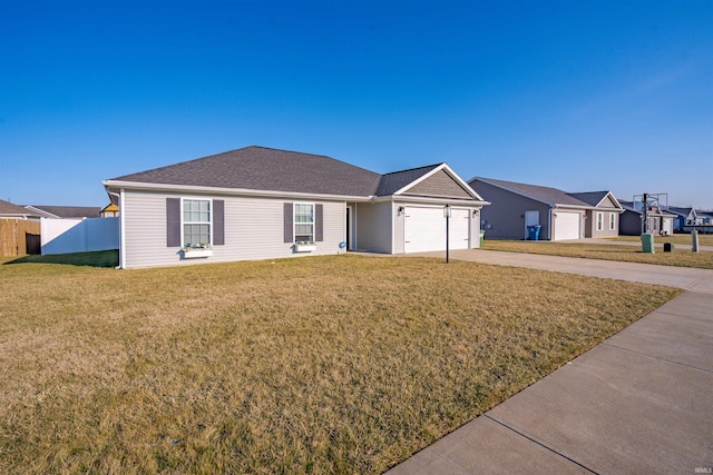 ranch-style home with a garage, a shingled roof, fence, concrete driveway, and a front lawn