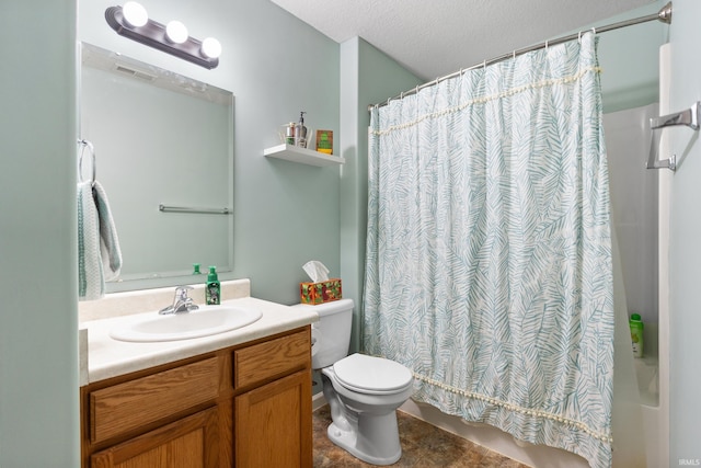 bathroom featuring toilet, shower / bath combo, a textured ceiling, and vanity