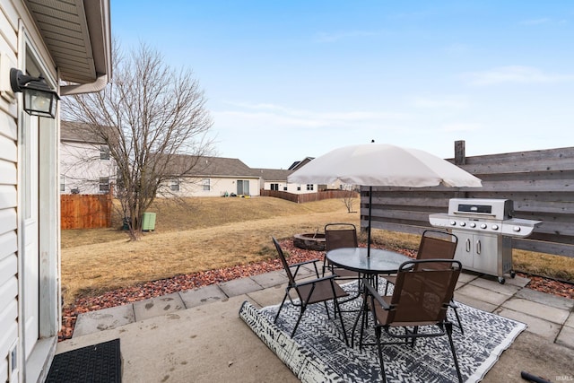 view of patio / terrace with outdoor dining space, grilling area, and a fenced backyard