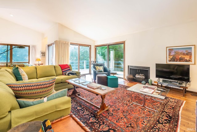 living room featuring high vaulted ceiling and wood finished floors