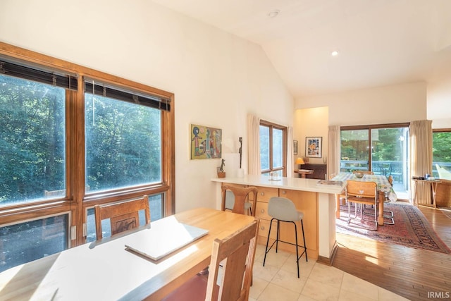 dining room featuring high vaulted ceiling and light tile patterned floors