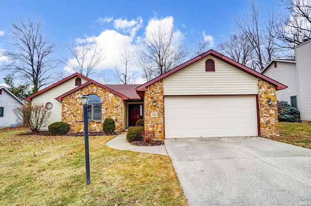 ranch-style home with a front lawn, stone siding, driveway, and an attached garage