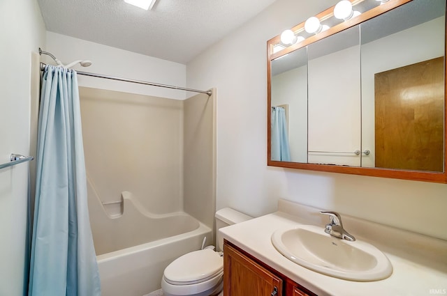 bathroom with toilet, shower / bath combo with shower curtain, a textured ceiling, and vanity