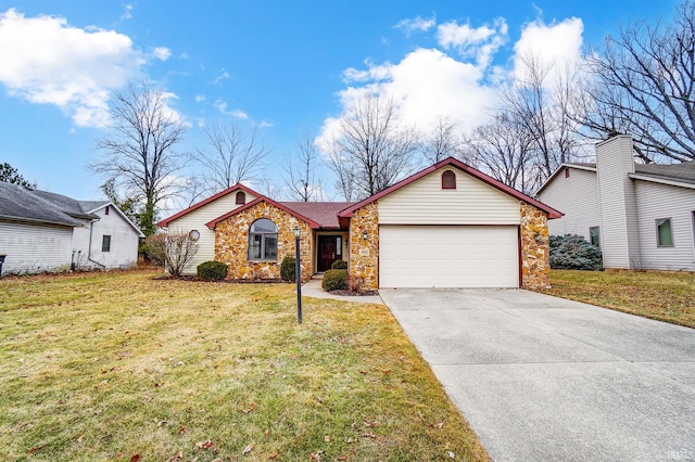 ranch-style home featuring concrete driveway, stone siding, an attached garage, and a front yard