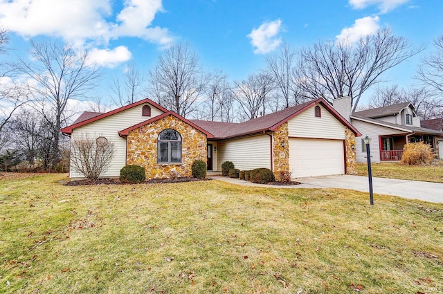 ranch-style house featuring an attached garage, stone siding, driveway, and a front yard