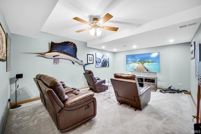 interior space featuring recessed lighting, visible vents, baseboards, and light colored carpet