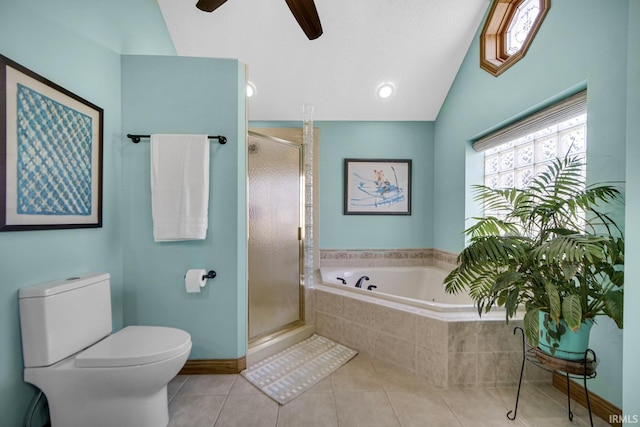 full bath with tile patterned floors, toilet, a shower stall, lofted ceiling, and a bath