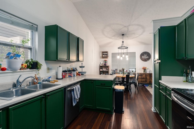 kitchen with dishwasher, a peninsula, a sink, and green cabinets