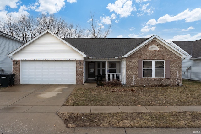 ranch-style house featuring driveway, covered porch, a garage, and brick siding