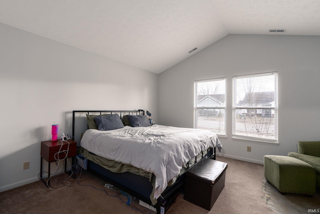 bedroom featuring carpet floors, visible vents, vaulted ceiling, and baseboards