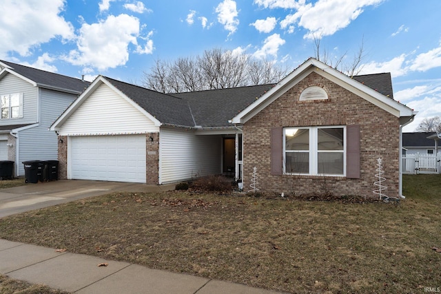 view of front of home with a garage, brick siding, a shingled roof, concrete driveway, and a front yard