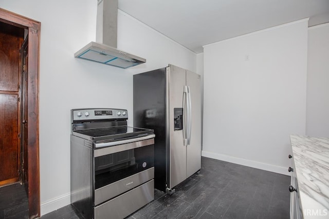 kitchen with wall chimney range hood, baseboards, appliances with stainless steel finishes, and dark wood-style flooring