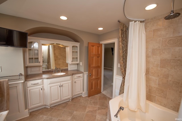 full bath featuring shower / tub combo, tile patterned flooring, vanity, and recessed lighting