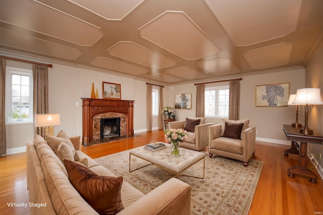 living area with ornamental molding, a premium fireplace, wood finished floors, and baseboards