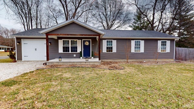 ranch-style house featuring a porch, an attached garage, fence, a front yard, and gravel driveway