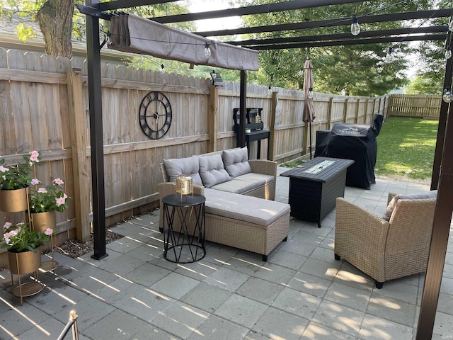 view of patio with a fenced backyard, outdoor lounge area, a grill, and a pergola