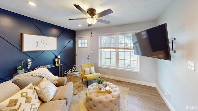 sitting room featuring recessed lighting, visible vents, a ceiling fan, wood finished floors, and baseboards