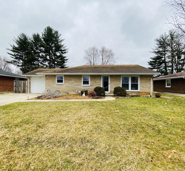 ranch-style home with a front yard, stone siding, and concrete driveway