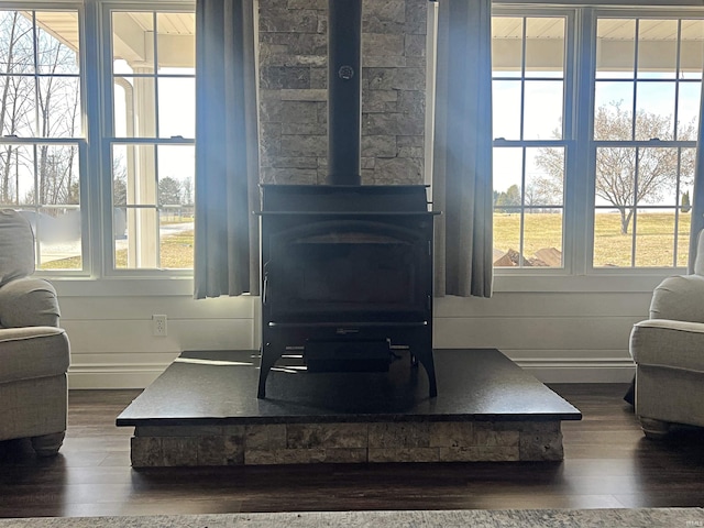 interior details with a wood stove, baseboards, and wood finished floors