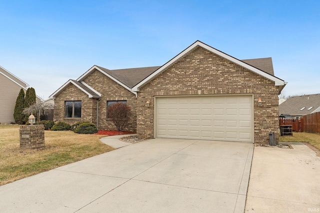 single story home with a garage, concrete driveway, and brick siding