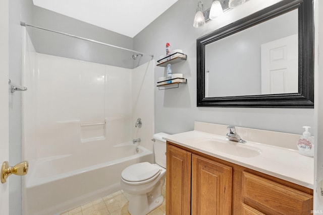 full bathroom featuring shower / washtub combination, vanity, toilet, and tile patterned floors