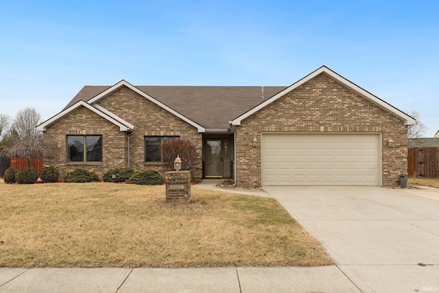 ranch-style house with brick siding, concrete driveway, an attached garage, fence, and a front lawn