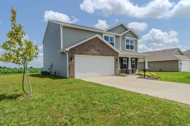 craftsman inspired home featuring a garage, concrete driveway, brick siding, and a front lawn