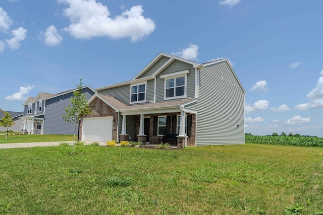 craftsman-style house with a garage, brick siding, driveway, and a front lawn