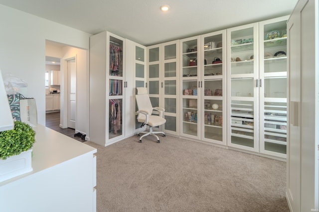 office space with recessed lighting and carpet flooring