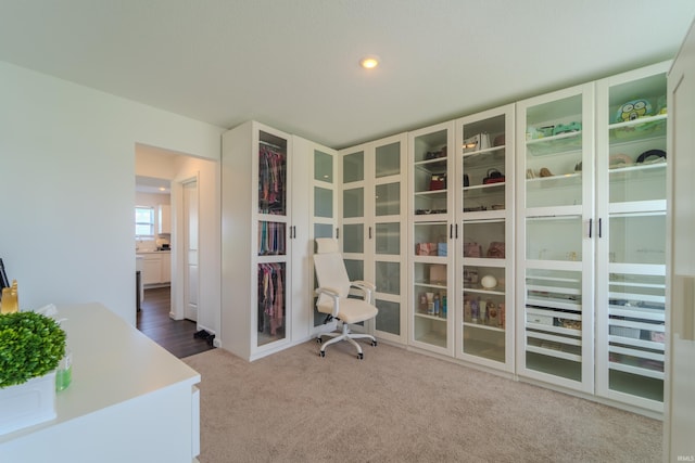 carpeted office space featuring recessed lighting