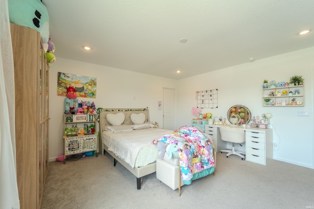 bedroom featuring carpet floors, recessed lighting, and baseboards