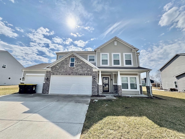 view of front of property with an attached garage, covered porch, brick siding, driveway, and a front yard